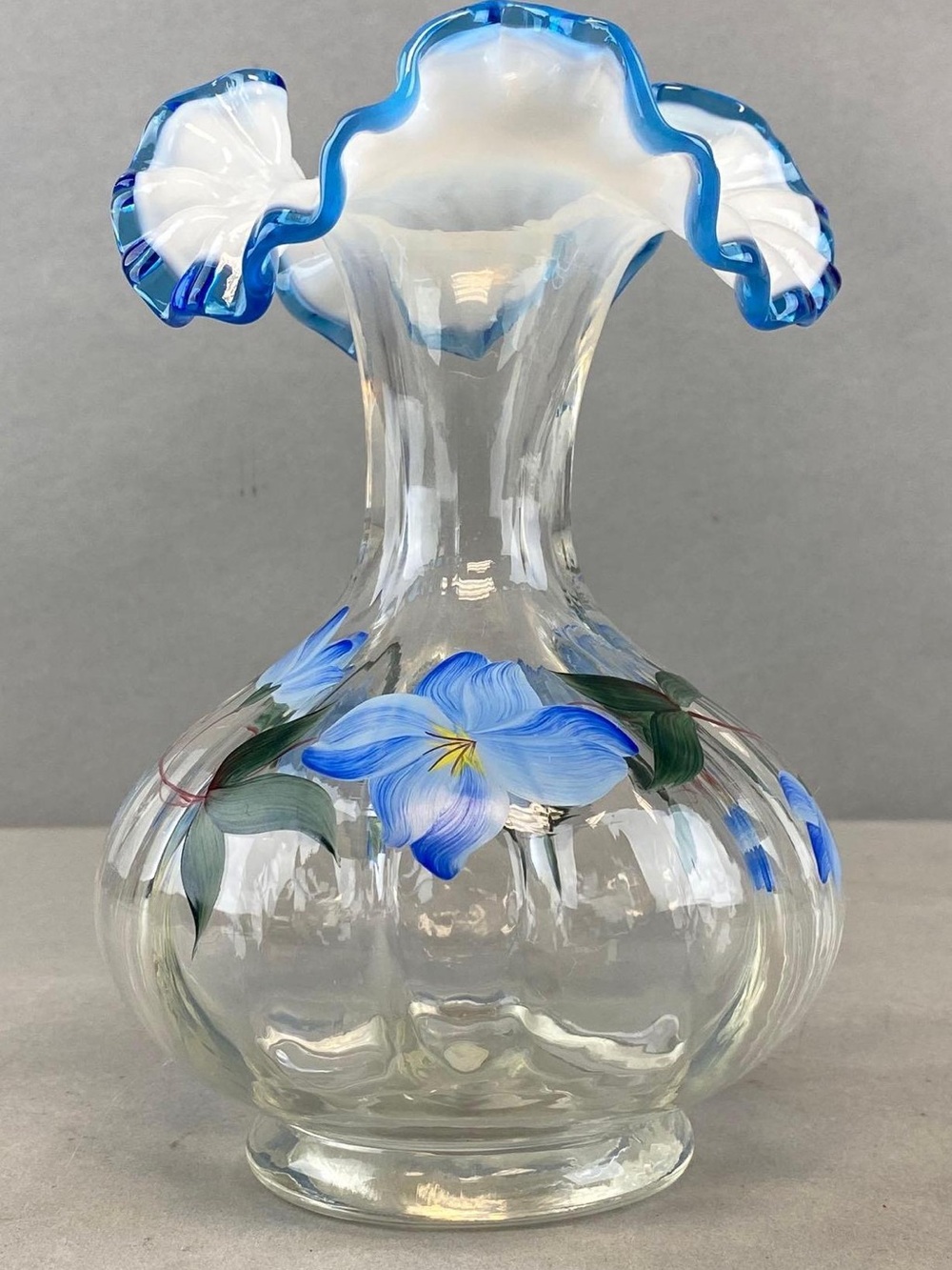 Fenton Aqua Crest Hand Painted Ruffle Edge Glass Vase, Blue Flowers, Signed